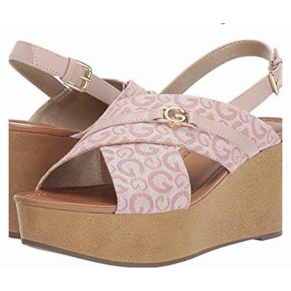 GBG GUESS Women's Pink Logo Wedge Sandals Ankle Strap Buckle US 8 EU 39